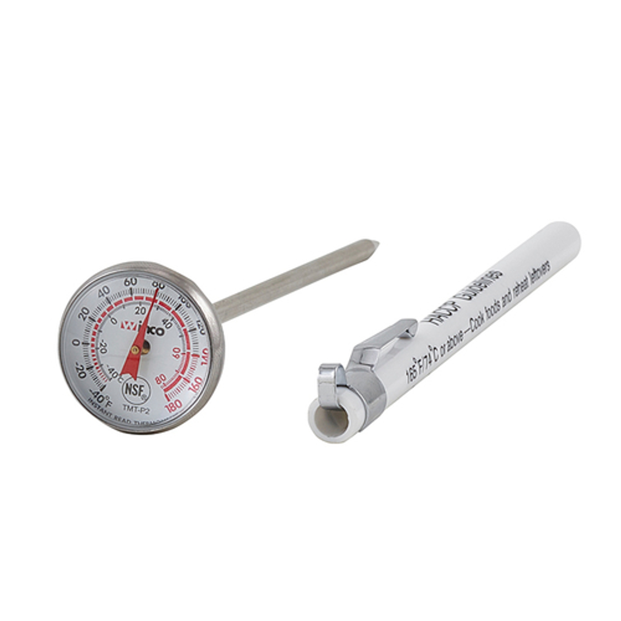 Pocket Thermometer, temperature range -40° to 180° F, 1" dia. dial face, with case & clip, 5" probe, built in mounting clip, HACCP, NSF