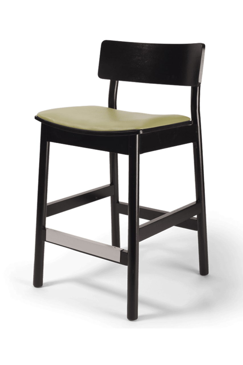 Bar Stool, upholstered seat, wooden frame, choose stain dark mahogany, cherry or walnut, also available in wooden seat, grade 7 uph. Request available vinyl colors brochure. Also available in solid wood seat. Call 800-755-4777 or email us sales@dietaryequipment.net