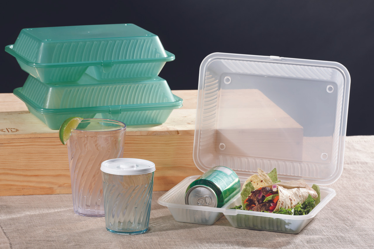 G.E.T Food Container, 9"L x 9"W x 3-1/2"H, 3-compartments, leak-resistant snap closure, stackable, reusable, recyclable, break-resistant, dishwasher safe, microwave safe for re-heating, polypropylene, Eco-Takeout's®, NSF