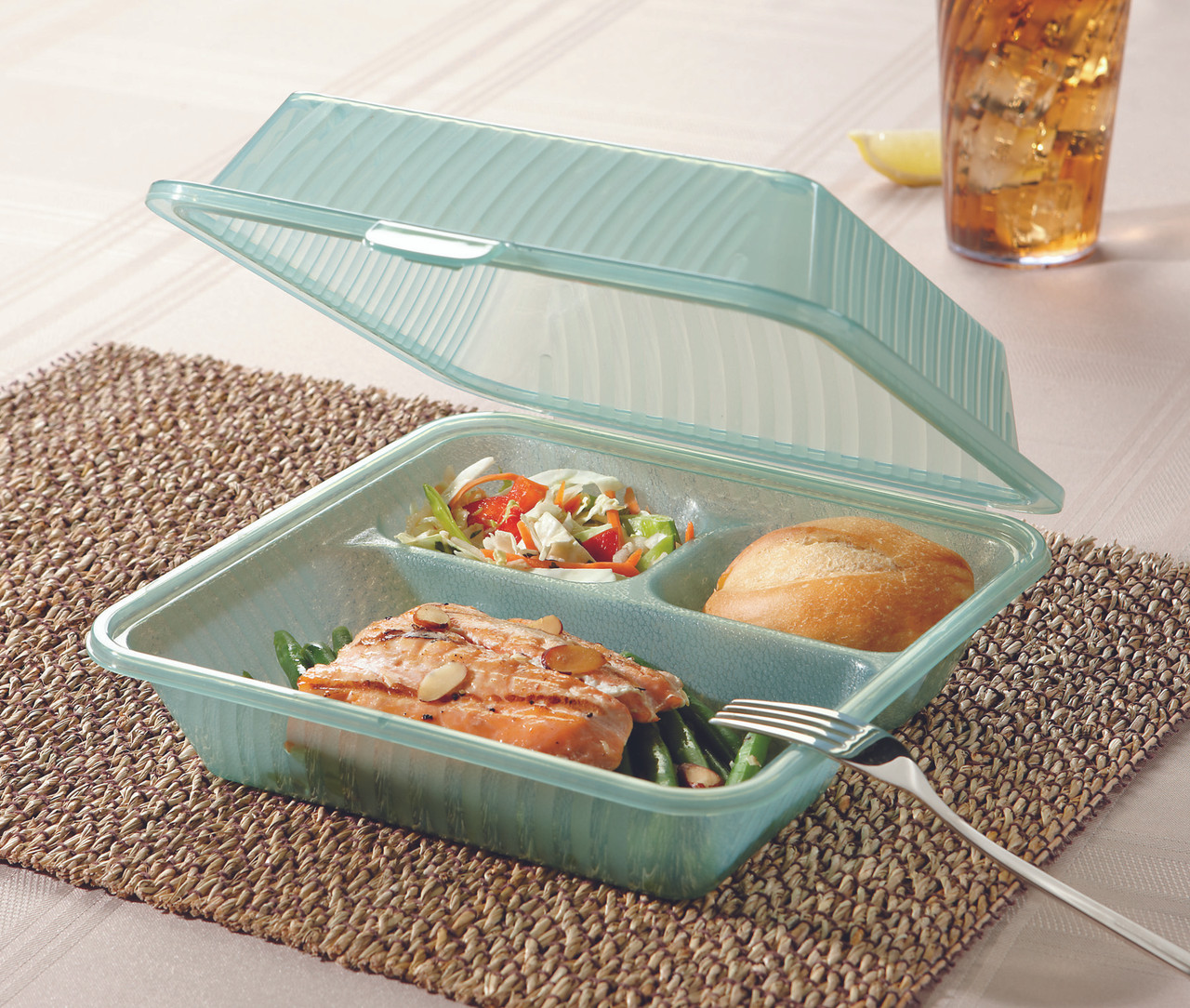 G.E.T Food Container, 9"L x 9"W x 3-1/2"H, 3-compartments, leak-resistant snap closure, stackable, reusable, recyclable, break-resistant, dishwasher safe, microwave safe for re-heating, polypropylene, Eco-Takeout's®, NSF