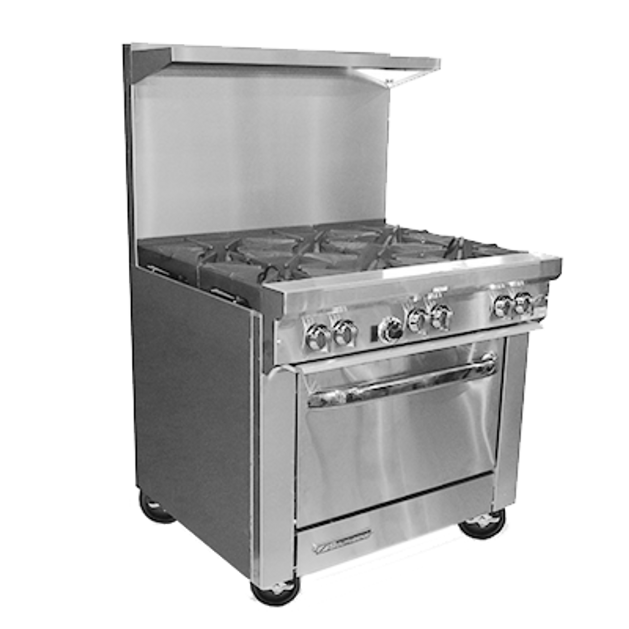 S-Series Restaurant Range, gas, 36", (6) 28,000 BTU open burners, (1) standard oven, snap action thermostat, removable cast iron grate tops & crumb drawer, hinged lower valve panel, includes (1) rack, stainless steel front, sides, shelf, 4" front rail & 6" adjustable legs, 203,000 BTU, CSA, NSF. SHOWN WITH OPTIONAL ACCESSORIES