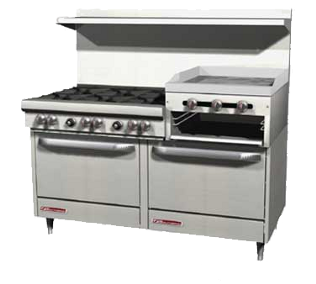 Ultimate Restaurant Range, gas, 60", (6) non-clog burners, standard grates, (1) raised griddle/broiler right, standing pilot, (2) standard ovens with battery spark ignition, includes (1) rack per oven, 22-1/2" flue riser with shelf, stainless steel front, sides, shelf & 6" adjustable legs, 321,500 BTU, cCSAus, CSA Flame, CSA Star, NSF (Note: Qualifies for Southbend's Service First™ Program, see Service First document for details)