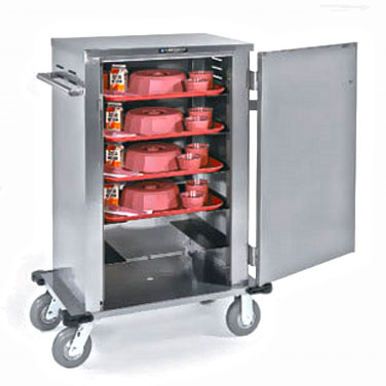 Tray Delivery Cart, enclosed-type, single door, single compartment with center floor drain, (6) 14" x 18" or (6) 15" x 20" tray capacity, 6" spacing, 270° door swing, (2) 6" fixed and (2) 6" swivel casters, 2" wide cushion tread tires, stainless steel construction, NSF, Made in USA