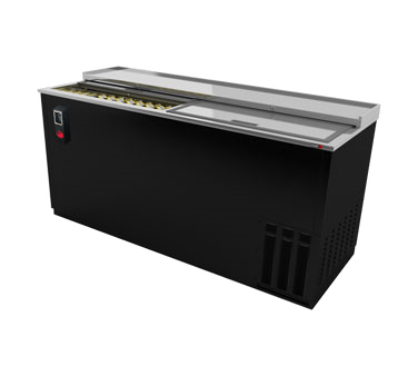 Bottle Cooler, flat top, 65-1/2"W, deep well horizontal, (33.5 cs) 12 oz. can/(26 cs) 12 oz. bottle capacity, (2) lids, (4) epoxy coated adjustable bin dividers, locks per lid, analog thermostat, fluorescent interior light, removable bottle opener, cap catcher, galvanized interior, stainless steel floor, stainless steel top with raised glass rails, black exterior finish, side mounted self-contained refrigeration, 1/3 hp, cETL, UL, NSF, Made in North America
