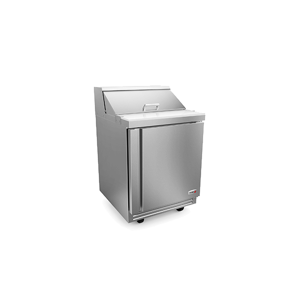 Sandwich/Salad Top Refrigerator, 27-3/4"W, (1) field reversible door, (1) adjustable shelf, includes: (8) 1/6 size pans 4" deep, stainless steel insulated hood & lid, 10"D reversible white poly cutting board, stainless steel interior & exterior, 5"casters (2 with brakes), front breathing self-contained refrigeration, 1/6 HP, cETLus, ETL-Sanitation, Made in North America