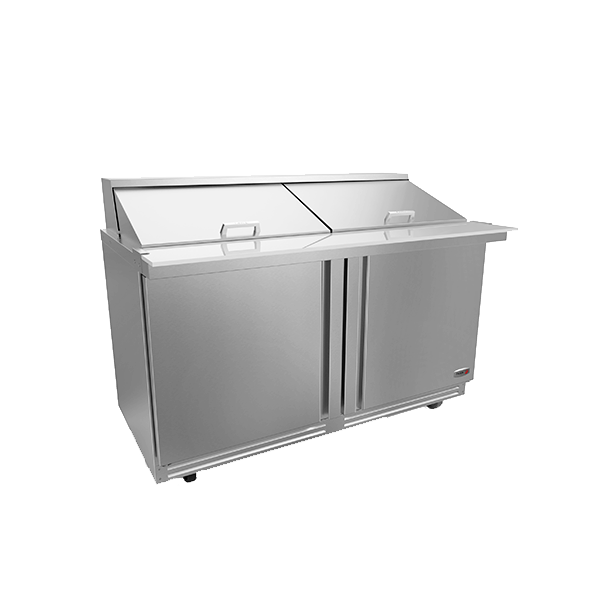 Mega Top Sandwich/Salad Refrigerator, 60-3/8"W, (2) doors, (2) adjustable shelves, includes: (24) 1/6 size pans 4" deep, stainless steel insulated hood & lid, 10"D reversible white poly cutting board, stainless steel interior & exterior, 5"casters (2 with brakes), front breathing self-contained refrigeration, 1/4 HP, cETLus, ETL-Sanitation, Made in North America