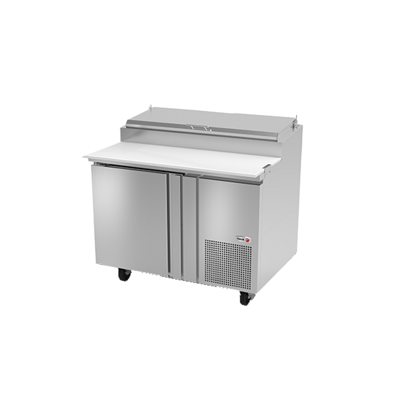 Refrigerated Pizza Prep Table, 46"W, 9.9 cu.ft. capacity, one-section, (1) self closing door with 120° stay open feature, (6) 1/3 size top pan capacity, (2) shelves, stainless steel insulated lid, 19" removable & reversible white polyethylene cutting board, self-contained refrigeration, 5" castors front 2 with brakes, stainless steel interior & exterior, 1/4 hp, cETL, UL, NSF 7, Made in North America