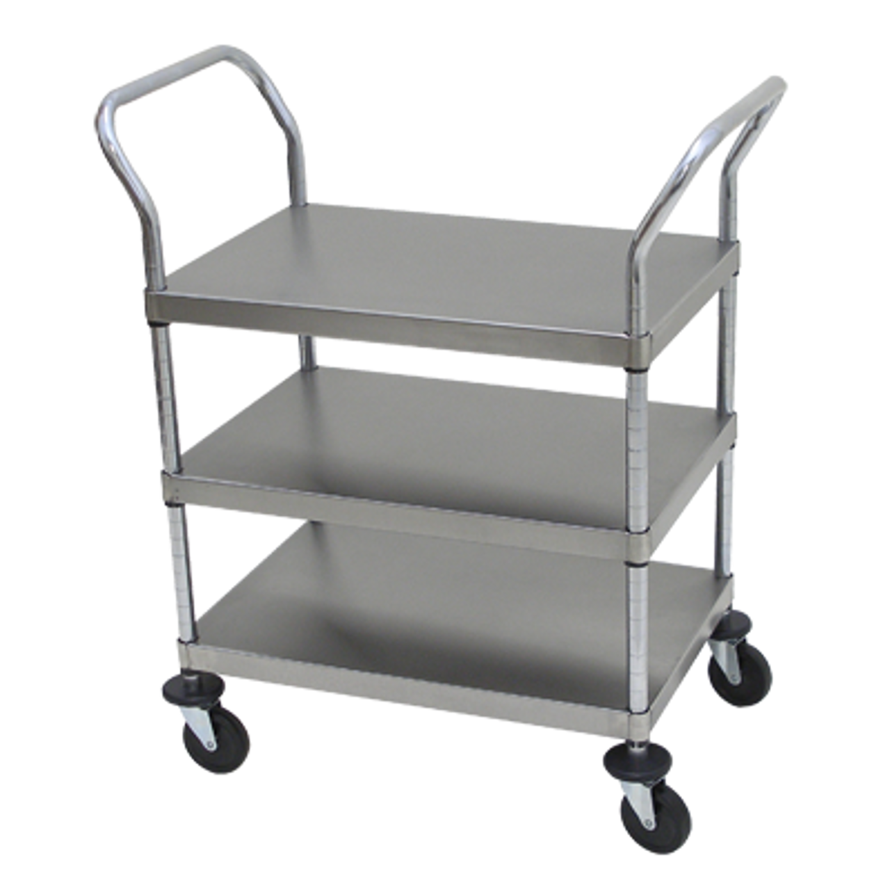 Utility Cart, open design, three shelves, shelf size approximately 24" x 33", tubular stainless steel frame, with casters