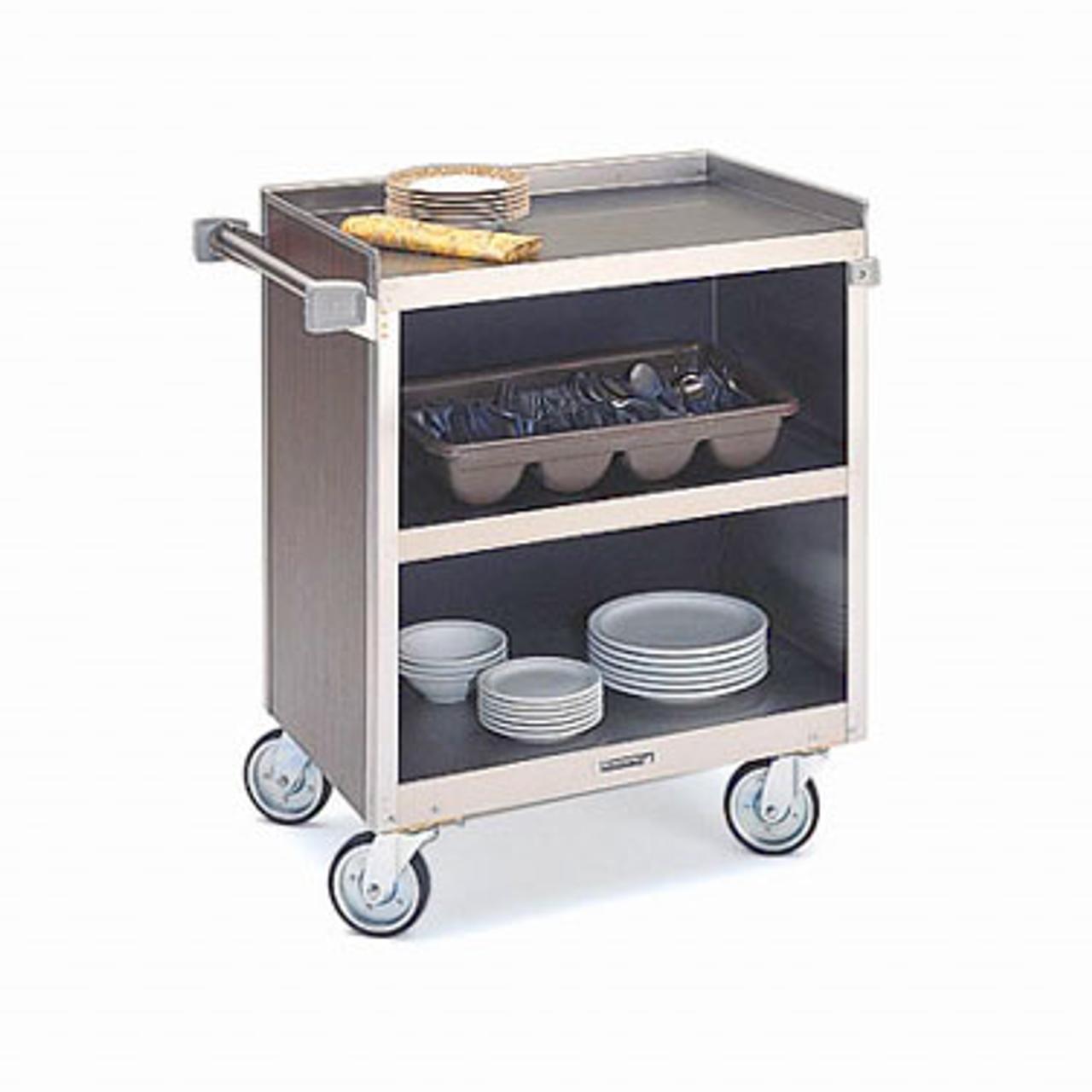 Bussing Cart, enclosed back & sides, (3) shelf, shelf size 18" x 27", stainless steel with vinyl laminate finish, push handle, 700 lb. capacity, 5" all-swivel cushion tread casters, Made in USA