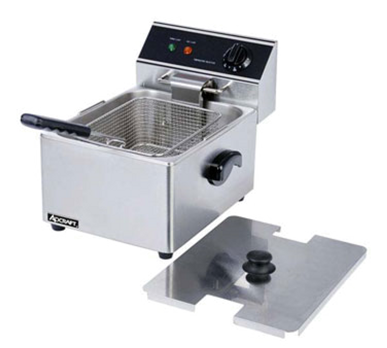 Countertop Deep Fryer, 11-3/4" x 16" x 11-1/4", single, electric, 6 liter, 15 lb. per hour cooking capacity, 1 fryer basket with a collapsible heat-resistant handle, thermostatic control, temperature range from 120°F to 375°F, side handles, inside calibration marks, protective wire grate, heavy duty stainless steel construction, 6' grounded cord, 120v/60/1-ph, 4.5 amps, 1750 watts, NEMA 5-15P, NSF, UL