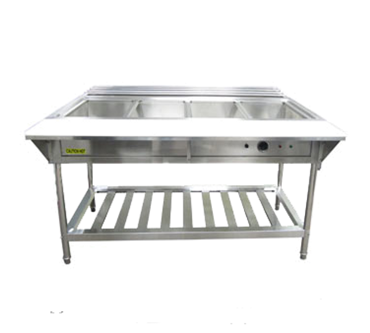 Water Bath Steam Table Starter Kit, 57-1/4"W x 26"D x 34-1/4"H, 4-compartment, 12" x 20" x  8-1/2" deep wells (EST-240), 9" wide polycarbonate cutting board with shelf (EST-240/PCB), 4-rail tray slide holder (EST240/TH), thermostatic control dial, low water cutoff sensor with reset button, 304 stainless steel fully welded water pan, single heating element, 3/4" drainage pipe, adjustable legs with bullet ends, undershelf, stainless steel, includes bonus package: (4) full size 4" deep food pans with lids, (1) stainless steel 13" solid basting spoon, (1) stainless steel 13" slotted spoon, and (2) 12" scalloped edge tongs, 208v/240v/60/1-ph, 3000 watt, 12.5 amp, NEMA 6-20P, CE (SPECIAL ORDER) (ships Knocked-Down). SHOWN WITH EST-240 Steam Table