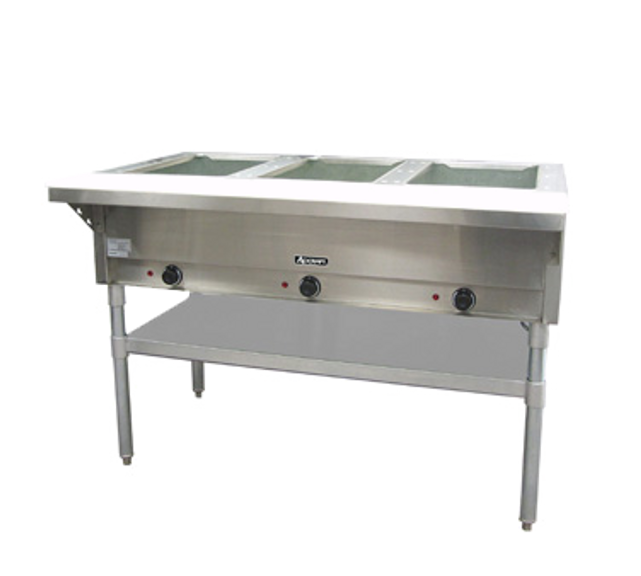 Steam Table, 48-1/2"W, 3-well, 8" deep open wells, 8" x 1/2" polycarbonate cutting board, 3 individually controlled 750 watt heating elements with infinite control switches, adjustable stainless steel undershelf, stainless steel with galvanized steel wells and legs, 120v/60/1-ph, 2250 watt, 18.75 amp, NEMA 5-20P, CE