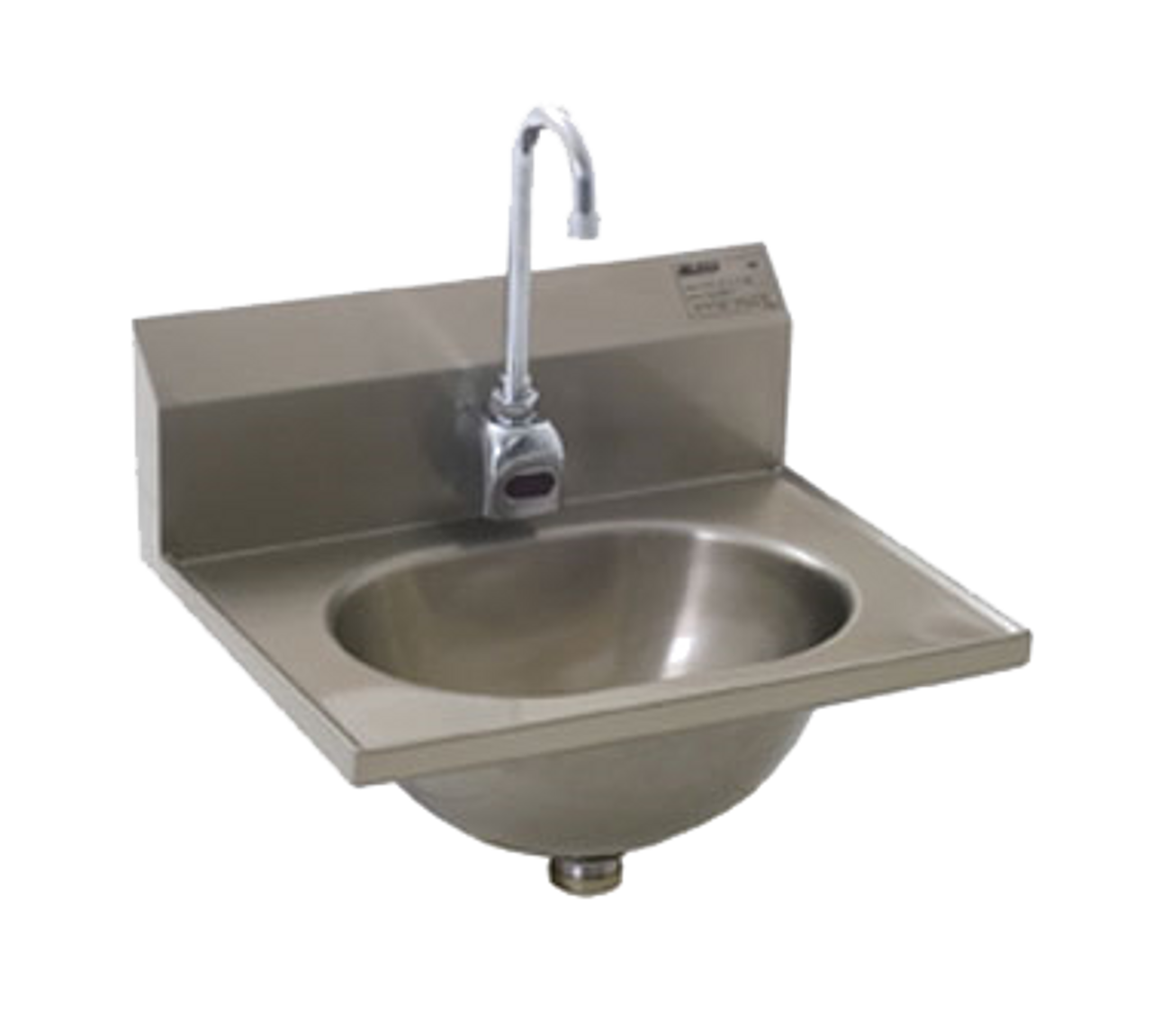 Hand Sink, wall mount, 13-1/2" wide x 9-3/4" front-to-back x 6-3/4" deep bowl, 304 stainless steel construction, electronic eye gooseneck spout, basket drain, deep-drawn positive drain sink bowl, 7-1/2"High backsplash, all welded, includes mounting brackets, inverted "V" edge, NSF