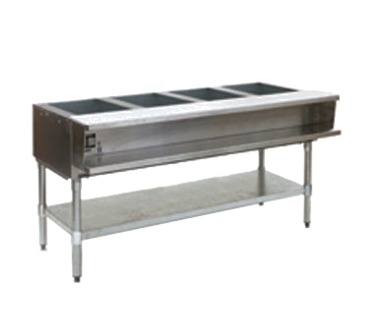 Water Bath Hot Food Table, specify gas, open base, 63-1/2"W x 30-1/2"D x 34-1/2"H, 20/430 highly polished stainless steel top & body, (4) 12" x 20" stainless steel wells, 1/2" N.P.T. pipe connection on right, stainless steel dish shelf, removable 63-1/2"W x 8"D polycarbonate cutting board, 1-5/8"dia. galvanized legs, galvanized undershelf, adjustable plastic feet, 30,000 BTU, NSF, cULus