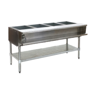 Water Bath Hot Food Table, specify gas, open base, 63-1/2"W x 30-1/2"D x 34-1/2"H, 20/430 highly polished stainless steel top & body, (4) 12" x 20" stainless steel wells, 1/2" N.P.T. pipe connection on right, stainless steel dish shelf, removable 63-1/2"W x 8"D polycarbonate cutting board, 1-5/8"dia. galvanized legs, galvanized undershelf, adjustable plastic feet, 30,000 BTU, NSF, cULus