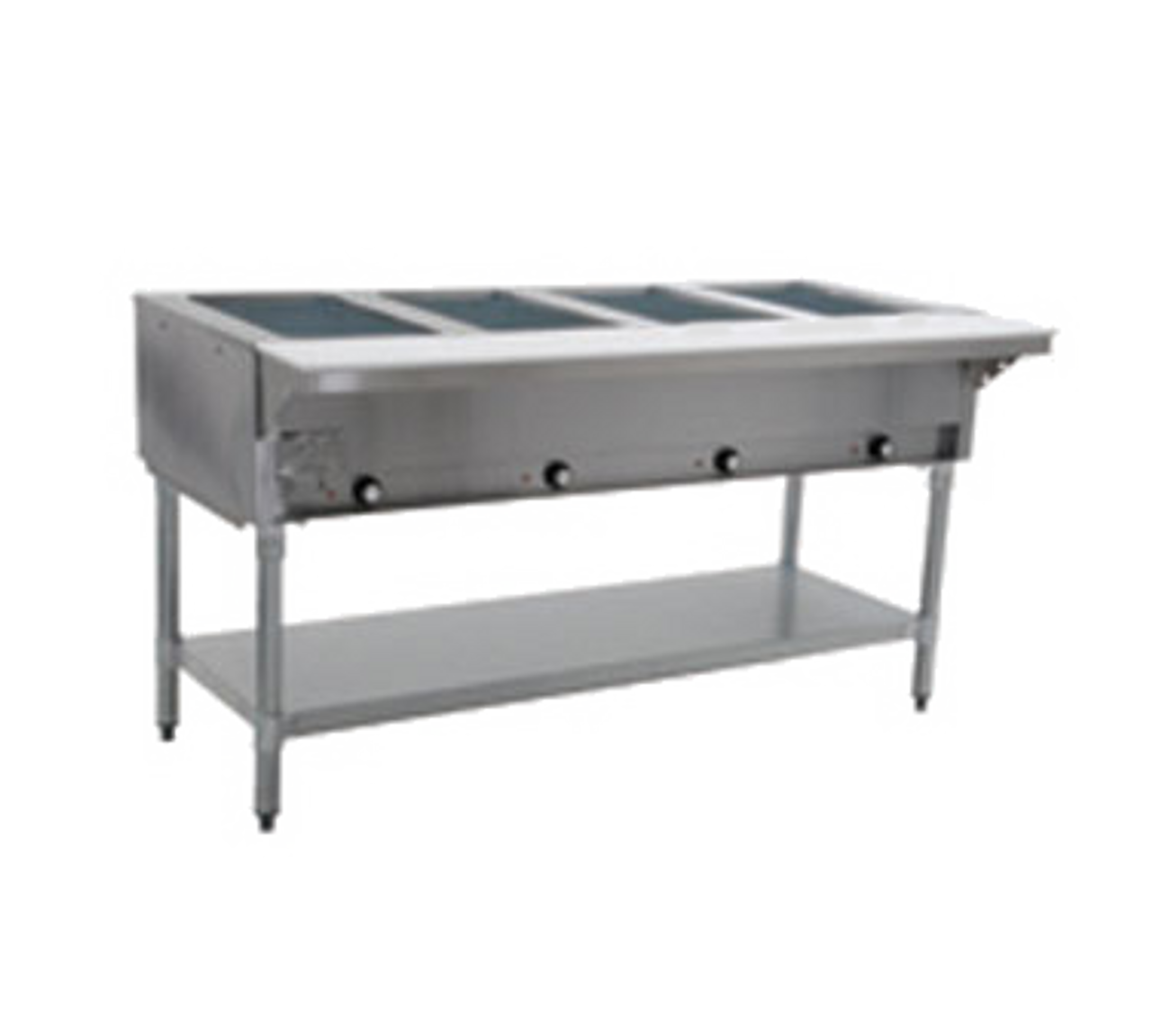 Hot Food Table, liquid propane or natural gas, open base, 63-1/2"W, (4) 12" x 20" (dry) wells with burner controls in recessed panel, adjustable gas valve & pilot light per burner, 22/430 stainless steel top & body, 8"D polyethylene cutting board, galvanized undershelf, 1-5/8" dia. galvanized tubular legs, adjustable plastic feet, gas regulator included, 14,000 BTU, NSF, cULus (must be used with Eagle Group Spillage Pans #302027 or #304141)