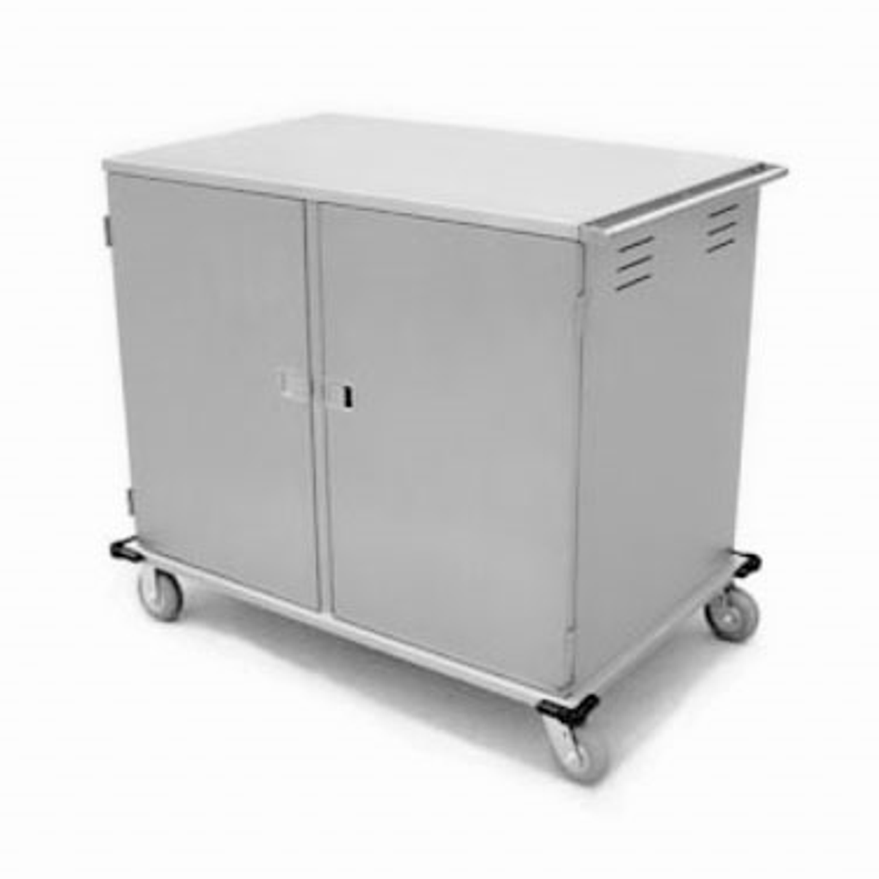 Elite Series™ Tray Delivery Cart, low profile, enclosed-type, two door, double compartment, (28) 14" x 18" or 15" x 20" tray capacity, (2) trays per ledge, 5-1/4" spacing, 270° door swing, corner bumpers, (2) 6" fixed and (2) 6" swivel Lake-Glide® casters, 2" wide cushion tread tires, 200/300 stainless steel construction, NSF, Made in USA