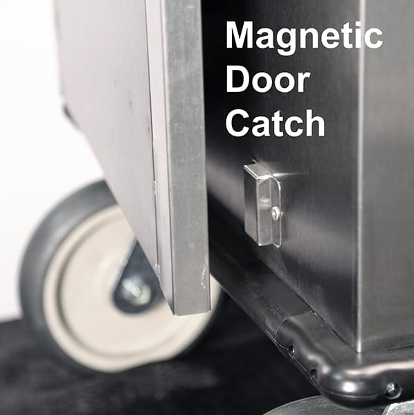 Tray Delivery Cart, 2-compartment, 40-1/2"W x 25"D x 57"H, accommodates (14) 14" x 18" or 15" x 20" trays, removable insulated door with 270° swing, held in fully open position by imbedded magnets & top-mounted rotational door catch, removable ledge panels with 5-7/8" spacing, vented end panels, creased floor with drain, full perimeter PVC bumper, anti-static conductive strap fastened to underside, stainless steel construction, (2) fixed & (2) swivel/brake 8" plate casters with cushion tread, NSF, Made in USA