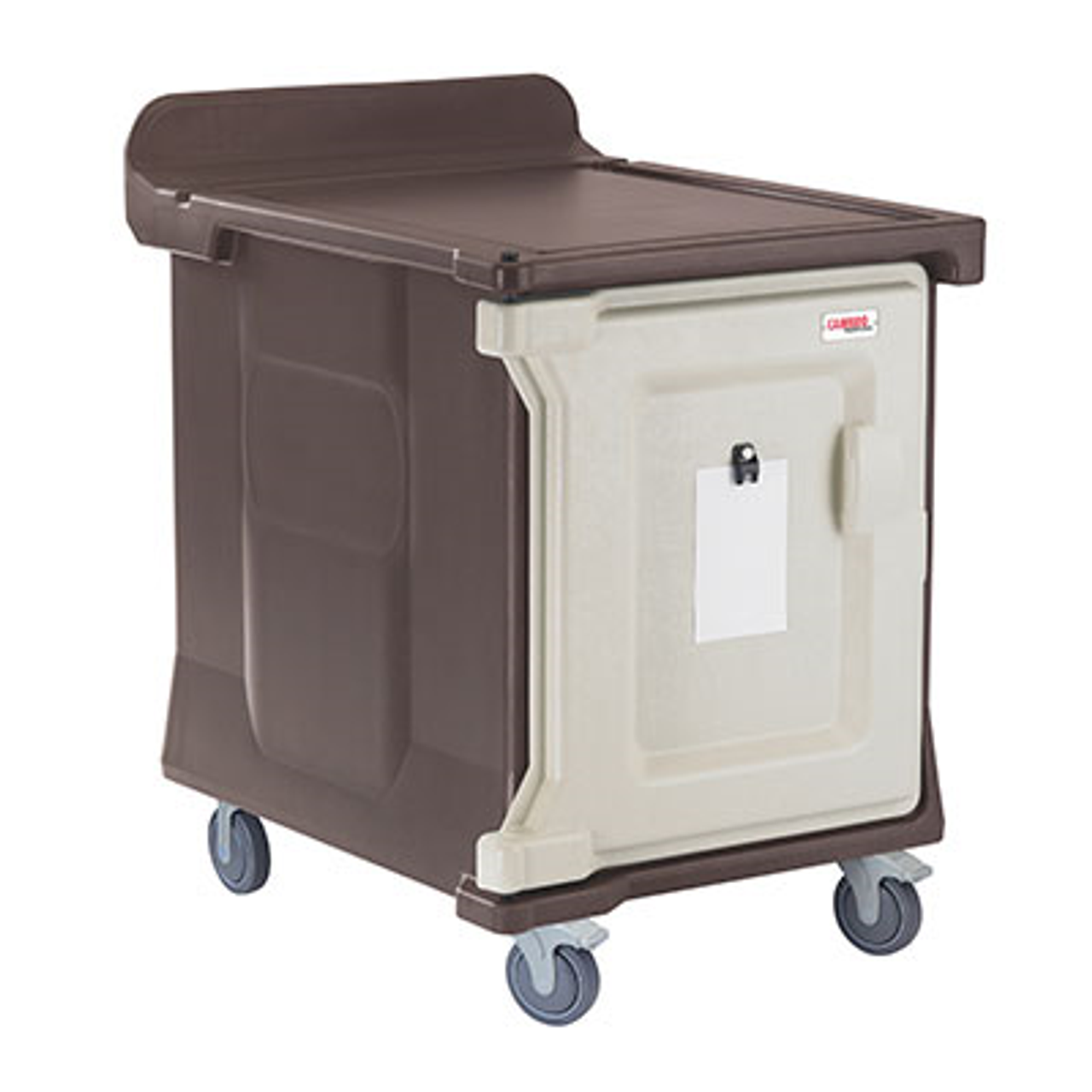 Meal Delivery Cart, low profile, (1) door, 1-compartment, holds (10) 15" x 20" trays, 29-1/2" x 38-1/2"D x 42-1/2"H, molded-in handle on the back, with louvered vent, 6" heavy duty casters (2 fixed, 2 swivel with brake, offset), granite sand with cream color door, NSF
