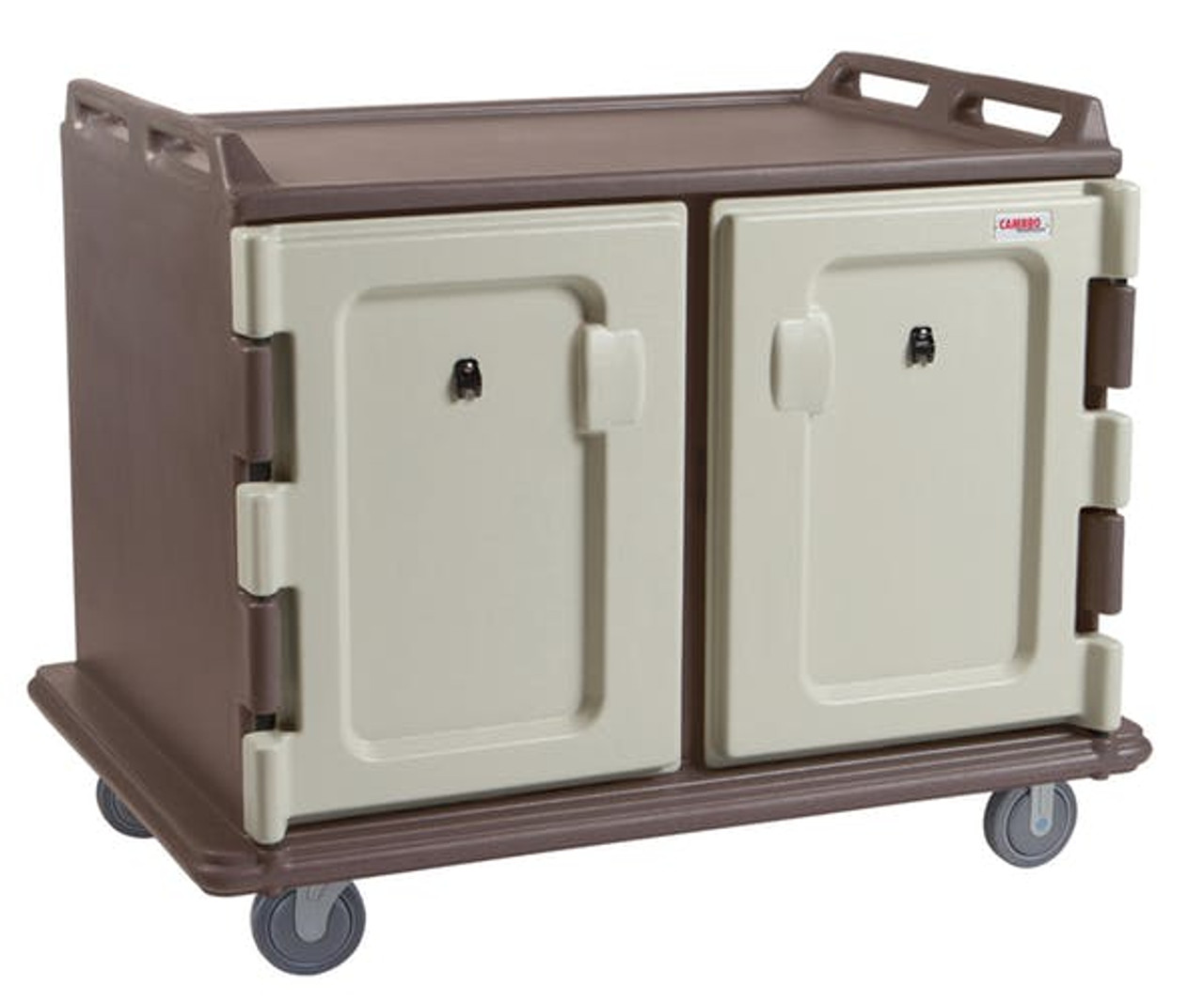 Meal Delivery Cart, 55-1/8"L x 38"W x 44-1/4"H, low profile, single stack rail system, double compartment with self-draining bottom, holds (20) 15" x 20" (38.1 x 50.8 cm ) trays, 5-1/2" (14 cm) clearance between rails, (2) lightweight non-rusting back aluminum louvered vents, nylon friction latches, non-insulated self venting doors, molded handles on both ends, (4) 6" (15.24 cm) non-marking slightly off-set casters (2 swivel with brakes & 2 rigid), thick foam polyurethane insulation, molded bottom bumpers, polyethylene, granite sand, NSF (no assembly required)