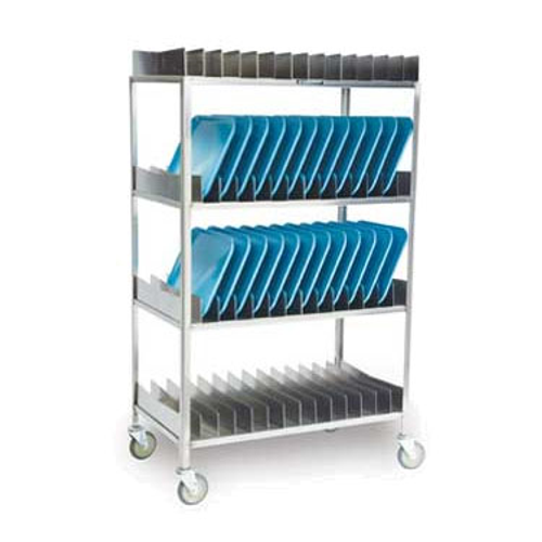 Tray Drying Rack, (4) shelf, 56 tray capacity, holds tray sizes: 14" x 18", 15" x 20", 16" x 20", removable tray holder sections, stainless steel, 5" swivel No-Mark® casters, NSF, Made in USA