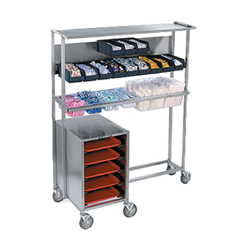 Tray Starter Station, mobile, solid top shelf, back panel holds (2) rows of hanging plastic bins (not included), square tube frame holds full, 1/2 & 1/3 size food pans (not included), compartment with ledges for 14"x18" or 15"x20" trays, stainless steel construction, 5" swivel casters (2) with brakes, NSF, Made in USA