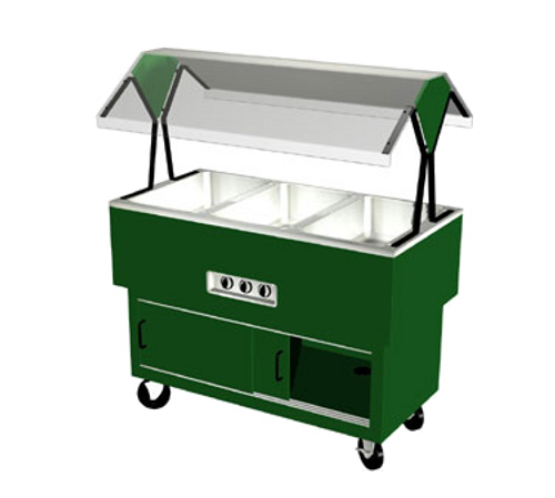 EconoMate™ Hot Food Portable Buffet, 58-3/8"W x 26-1/2"D base, (4) hot wells with infinite switch, stainless steel top, enclosed steel base with powder coat finish, rear sliding doors, clear acrylic canopy, 5" casters, UL, cUL, UL CLASSIFIED. DPAH-3-HF PICTURED