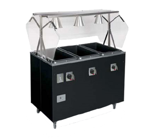 2-Series Affordable Portable™ Hot Food Station, (3) well, 46"W x 28-5/8"D x 57-5/16"H (overall), with buffet style breath guard, enclosed base, manual control for each 525 watts well, black vinyl-clad 20 gauge carbon steel base, (4) 4" swivel casters (2) braked, 120v/60/1-ph, 13.1 amps, cord with NEMA 5-20P, cULus, NSF Made in USA, made to order, cannot be cancelled or returned