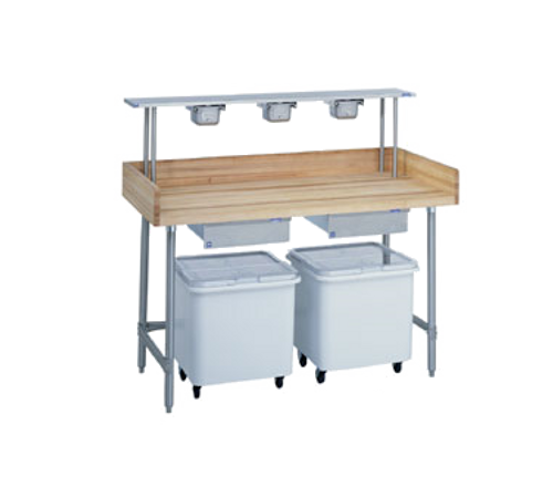 Bakers Table, 1-3/4" thick laminated maple top, 30" wide top, with splash at rear & both sides, 72" long, open base, with (2) ingredient bins, (3) drawers, centered, stainless legs & cross braces, NSF. Shown with optional accessories.