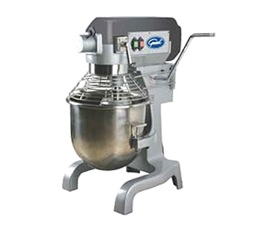 Commercial Planetary Mixer, 20 qt., 3 pre-selected fixed speeds (108/195/355 rpm), #12 taper hub, heat treated carbon steel gears fully sealed, overload switch, manual bowl lift, includes: stainless steel bowl, bowl guard with magnetic lock, spiral dough hook, flat batter beater & wire whip, 1-1/2 HP, 15 amps, cETLus, CE