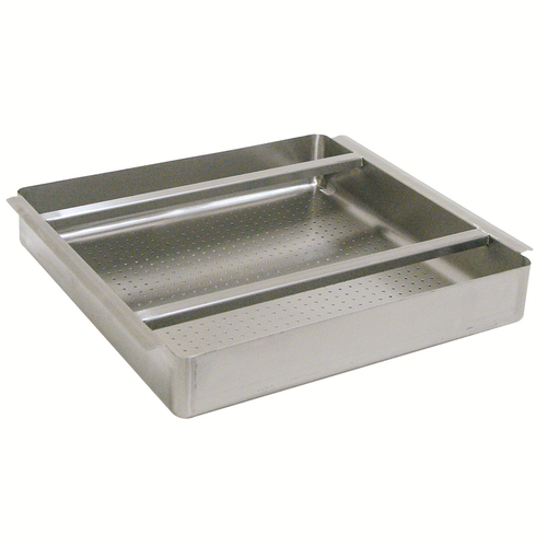 Special Value Pre-Rinse Sink Basket, 19-1/2"W x 19-1/2"D x 4" deep, perforated, for 3/4" radius bowls, (2) reinforced welded slide bar, 18/304 stainless steel