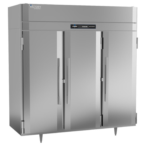 UltraSpec™ Series Freezer, Reach-in, three-section, self-contained refrigeration, 68.34 cu. ft. capacity, (3) full height solid hinged doors, (9) silver freeze (chrome-style) shelves, stainless exterior & interior, standard depth cabinet, TOUCH POINT™ electronic temperature control/indicator, LED lighting, expansion valve technology, Santoprene door gaskets with 2 year warranty, stainless steel breakers, R290 Hydrocarbon refrigerant, (2) 3/4 HP, cULus, UL EPH Classified, UL-Sanitation, MADE IN USA