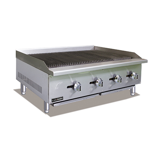 Black Diamond Charbroiler, countertop, 48"W x 26"D, radiant heat, (4) manual stainless steel burner controls, cast iron reversible & height adjustable grates, stainless steel drip tray, stainless steel front and sides, splash guards, adjustable legs, includes tips for field conversion to LPG, 120,000 BTU, 3/4" rear NPT, cETLus, ETL-Sanitation