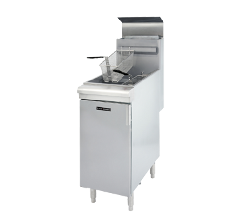 Black Diamond Fryer, floor standing, natural gas, 45-50 lbs. capacity, thermostatically controlled, automatic shut off, stainless steel tank, includes (2) baskets, built-in integrated flue deflector, stainless steel front & door with galvanized sides & back, adjustable legs, 120,000 BTU, cETLus, ETL-Sanitation