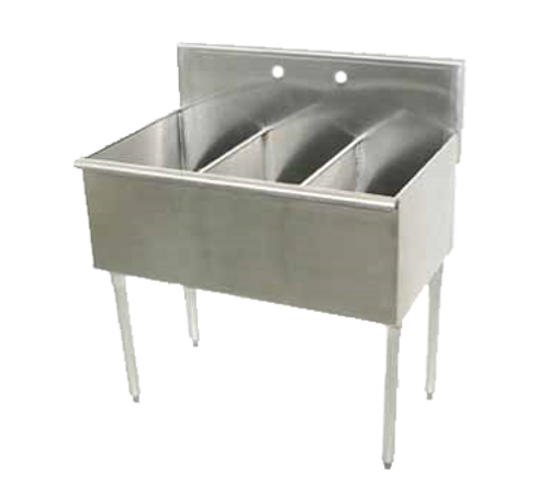 Square Corner Scullery Sink, 3-compartments, 12"W x 21"D front-to-back x 14" deep sink compartments, 8"H backsplash, 1-1/2 IPS waste drain baskets included, 16 gauge 430 stainless steel, galvanized legs with plastic bullet feet, 24-1/2" F/B x 36" L/R (overall)