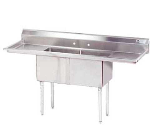 Special Value Fabricated Sink, 2-compartment, 18" right & left drainboards, bowl size 18" x 18" x 12" deep, 18 gauge 304 stainless steel, tile edge splash, rolled edge, 8" OC faucet holes, galvanized legs with 1" adjustable plastic bullet feet, overall 23-3/4" F/B x 72" L/R, NSF