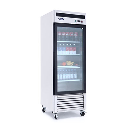 Refrigerator Merchandiser, one-section, 26.97"W x 31.5"D x 84.06"H, bottom-mount self-contained refrigeration, 19.1 cu. ft., (1) self-closing hinged glass door with lock, digital temperature control, 33° to 38°F temperature range, (4) adjustable shelves, LED interior lighting, automatic evaporation, air defrost, stainless steel interior & exterior, galvanized steel back, 4" casters, R290 Hydrocarbon refrigerant, 1/7 HP, 115v/60/1-ph, 2.1 amps, cord, NEMA 5-15P, cETLus, ETL-Sanitation, ENERGY STAR®