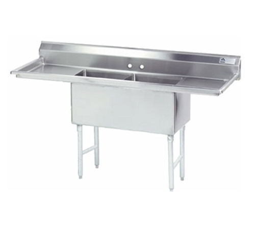 Fabricated Sink, 2-compartment, 24" right & left drainboards, bowl size 18" x 18" x 14" deep, 16 gauge 304 stainless steel, tile edge splash, rolled edge, 8" OC faucet holes, stainless steel legs with adjustable side cross-bracing, 1" adjustable stainless steel bullet feet, overall 24" F/B x 84" L/R, NSF