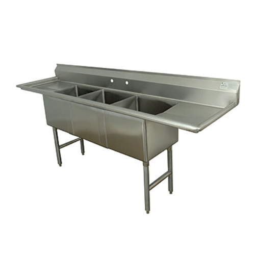 Fabricated Sink, 3-compartment, 18" right & left drainboards, bowl size 18" x 18" x 14" deep, 16 gauge 304 stainless steel, tile edge splash, rolled edge, 8" OC faucet holes, stainless steel legs with adjustable side cross-bracing, 1" adjustable stainless steel bullet feet, overall 24" F/B x 90" L/R, NSF