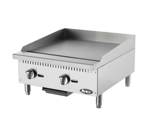 CookRite Heavy Duty Griddle, gas, countertop, 24"W x 28-3/5"D x 15-1/5"H, (23-9/10"W x 19-9/10"D cooking area), (2) stainless steel burners, standby pilots, independent manual controls, stainless steel structure, adjustable stainless steel legs, 60,000 total BTU's, cETLus, ETL-Sanitation