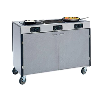 Creation Express™ Station Mobile Cooking Cart, 48" x 22" x 35-1/2"H, temperature range 90° - 440°F, LED control panel, (3) induction heat stove, without filtration system, stainless steel top, stainless steel interior with laminated exterior, interior shelf, with doors, 5" swivel No-Mark® polyurethane casters (2) with brakes, ETL, Made in USA