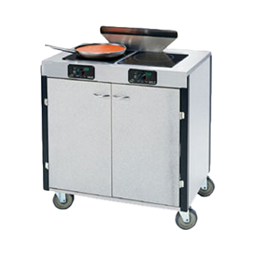 Creation Express™ Station Mobile Cooking Cart, 34" x 22" x 40-1/2"H, temperature range 90° - 440°F, LED control panel, (2) induction heat stove, (1) down draft filtration system, stainless steel top, stainless steel interior with laminated exterior, with doors, 5" swivel No-Mark® polyurethane casters (2) with brakes, ETL, Made in USA