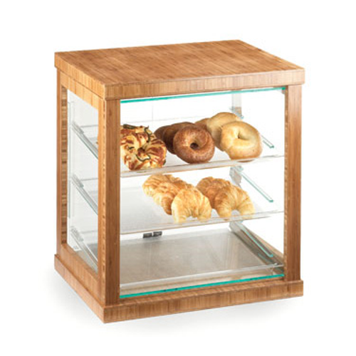 Frame Display Case, 21"W x 16-1/4"D x 22-1/2"H, 3-tier, dual serve, double doors with knobs, (3) 13" x 18" clear acrylic trays, (3) tray positions: tilted front, tilted back, & level, clear acrylic body, bamboo frame, BPA Free