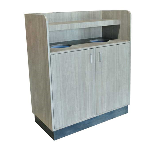 Trash Receptacle, double, drop in, laminate top shelf, (2) 32 gallon liner included, Wilsonart laminate.