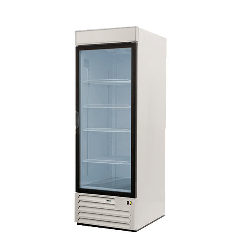 Refrigerated Merchandiser, one-section, 23 cu. ft., 27"W x 32"D x 72-5/8"H, bottom-mounted  self-contained refrigeration, (1) glass right-hand hinged door, analog controller, (4) adjustable epoxy coated shelves, LED interior lighting, temperature range 33° to 38°F, white interior with stainless steel floor, black exterior, R134A refrigerant, 1/4 HP, cETLus, ETL-Sanitation, Made in North America