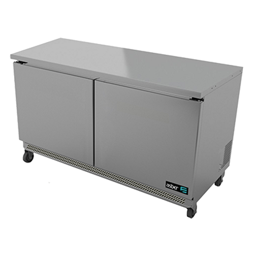 Undercounter Freezer, 48" wide, two-section, 11.8 cu. ft., (2) solid doors, (4) adjustable epoxy coated shelves, CFC polyurethane insulation, maintain temperature at -8°, environmentally friendly R134A refrigerant, front breathing, self-contained refrigeration, magnetic door gasket, stainless steel interior & exterior, galvanized back panel, 4" swivel casters (2 with brakes), 3/4 HP, cETLus, ETL-Sanitation, Made in North America