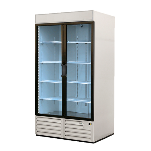 Refrigerated Merchandiser, two-section, 49 cu. ft., 54 x 32"D x 72-5/8"H, bottom-mounted  self-contained refrigeration, (2) glass hinged doors, analog controller, (8) adjustable epoxy coated shelves, LED interior lighting, temperature range 33° to 38°F, white interior with stainless steel floor, black exterior, R134A refrigerant, 1/3 HP, cETLus, ETL-Sanitation, Made in North America