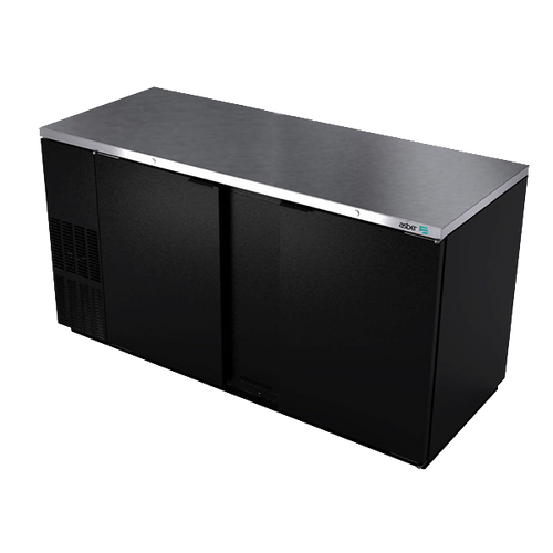 Back Bar Cooler, 69-1/2", two-section, (2) solid doors, (1,014) 12 oz can capacity, (4) adjustable coated wire shelves, analog thermostat, fluorescent interior light, CFC polyurethane insulation, temperature from 33° to 38°, environmentally friendly R134A refrigerant, front breathing/side mount compressor, self-contained refrigeration, magnetic door gasket, stainless steel top, black vinyl exterior, galvanized interior with stainless steel floor, 1/3 HP, cETLus, ETL-Sanitation, Made in North America