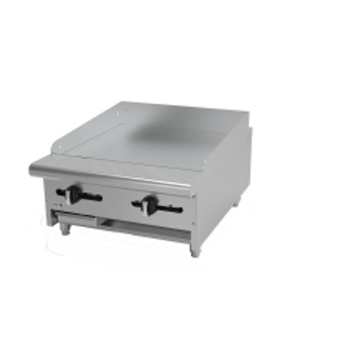 Griddle, natural gas, countertop, 24"W x 32-1/4"D x 13"H, (2) 24,000 BTU burners, 5/8" thick polished steel griddle plate, manual controls, 4"D grease trough, 14 gauge stainless steel splash guard, pressure regulator, stainless steel front, sides & ledge, adjustable feet, 48,000 BTU, cETLus, (ships with LP conversion kit) Made in North America