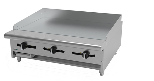 Griddle, natural gas, countertop, 36"W x 32-1/4"D x 13"H, (3) 24,000 BTU burner, 3/4" thick polished steel griddle plate, manual controls, 4"D grease trough, 14 gauge stainless steel splash guard, pressure regulator, stainless steel front, sides & ledge, adjustable feet, 72,000 BTU, cETLus, (ships with LP conversion kit) Made in North America